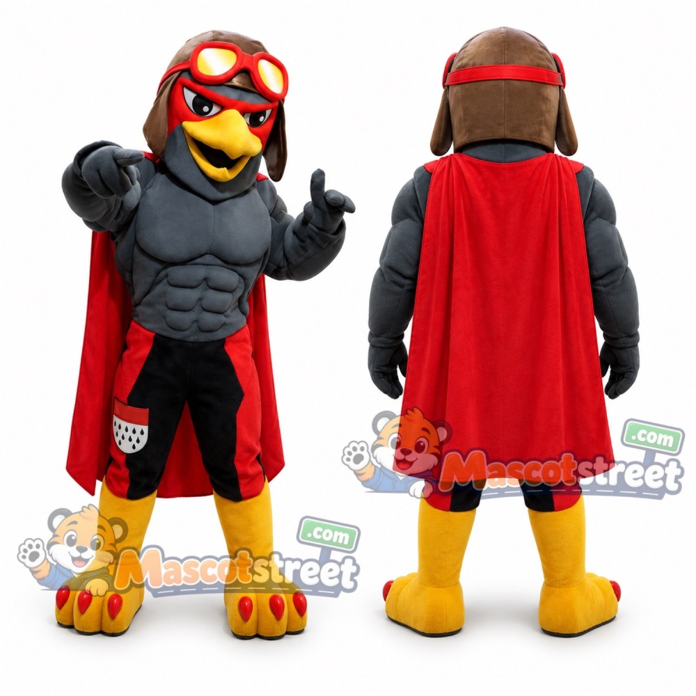 Brown Falcon Warrior Mascot Costume with Dark Armor and Red Cape