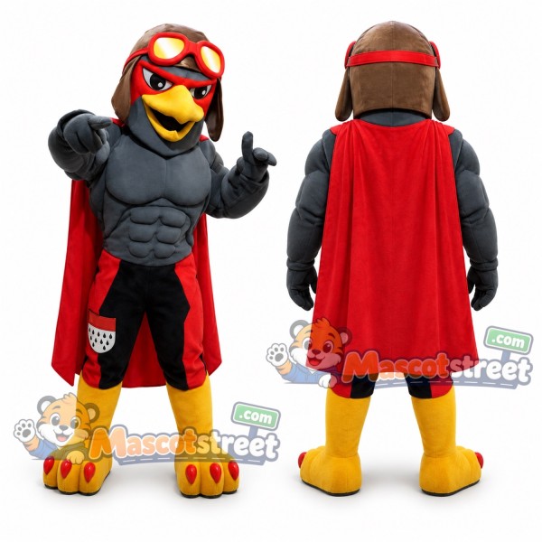 Brown Falcon Warrior Mascot Costume with Dark Armor and Red Cape