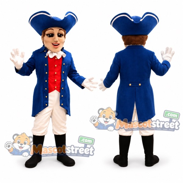 Colonial Woman Mascot Costume with Blue Coat and Tricorn Hat
