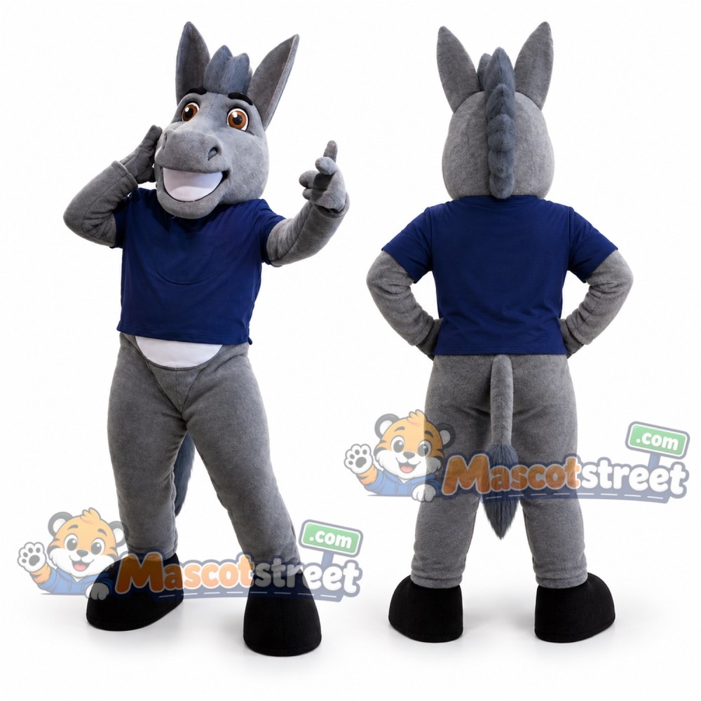 Gray Horse Mascot Costume with Blue Shirt