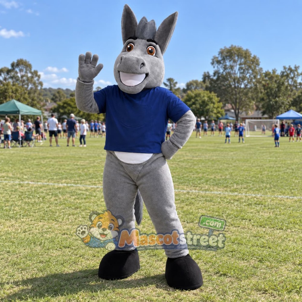 Gray Horse Mascot Costume with Blue Shirt