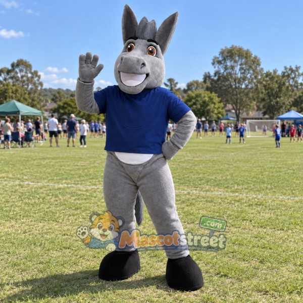 Gray Horse Mascot Costume with Blue Shirt