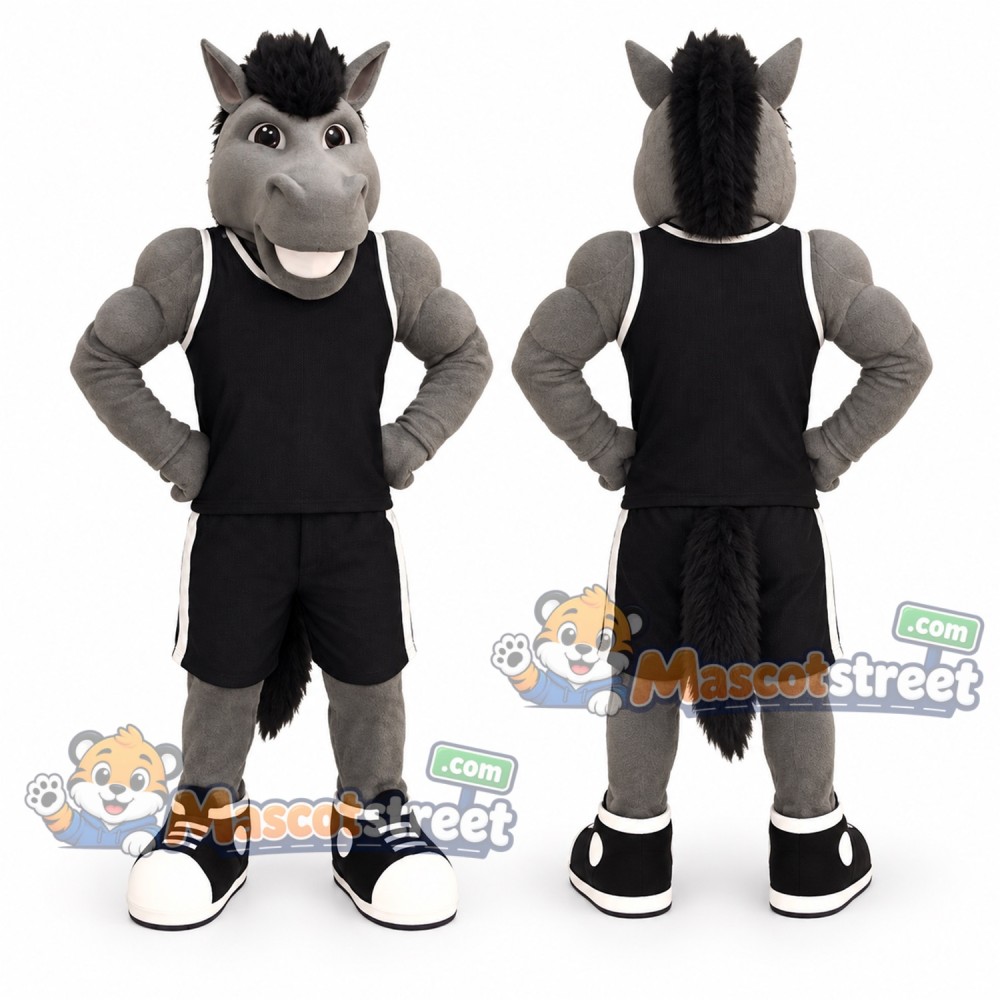 Gray Horse Mascot Costume with Black Sports Uniform