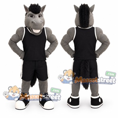 Gray Horse Mascot Costume with Black Sports Uniform