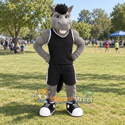 Gray Horse Mascot Costume with Black Sports Uniform