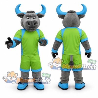 Gray Bull Mascot Costume with Green Sports Uniform Gray Bull Mascot Costume with Green Sports Uniform
