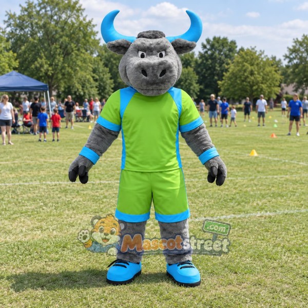 Gray Bull Mascot Costume with Green Sports Uniform