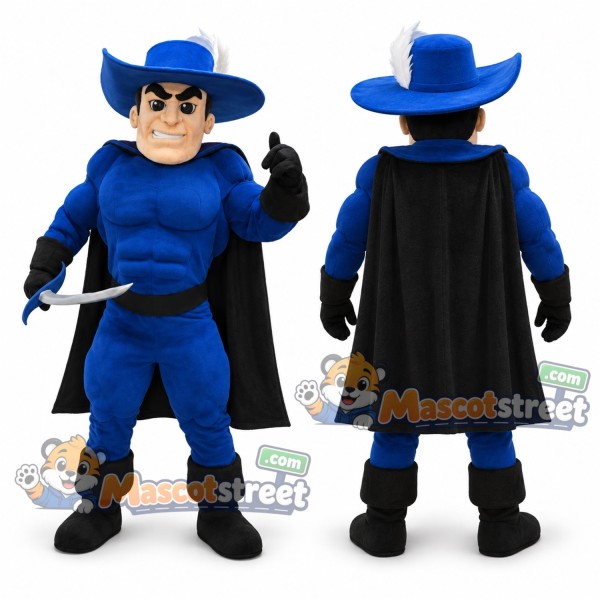 Swordsman Mascot Costume with Blue Outfit and Hat