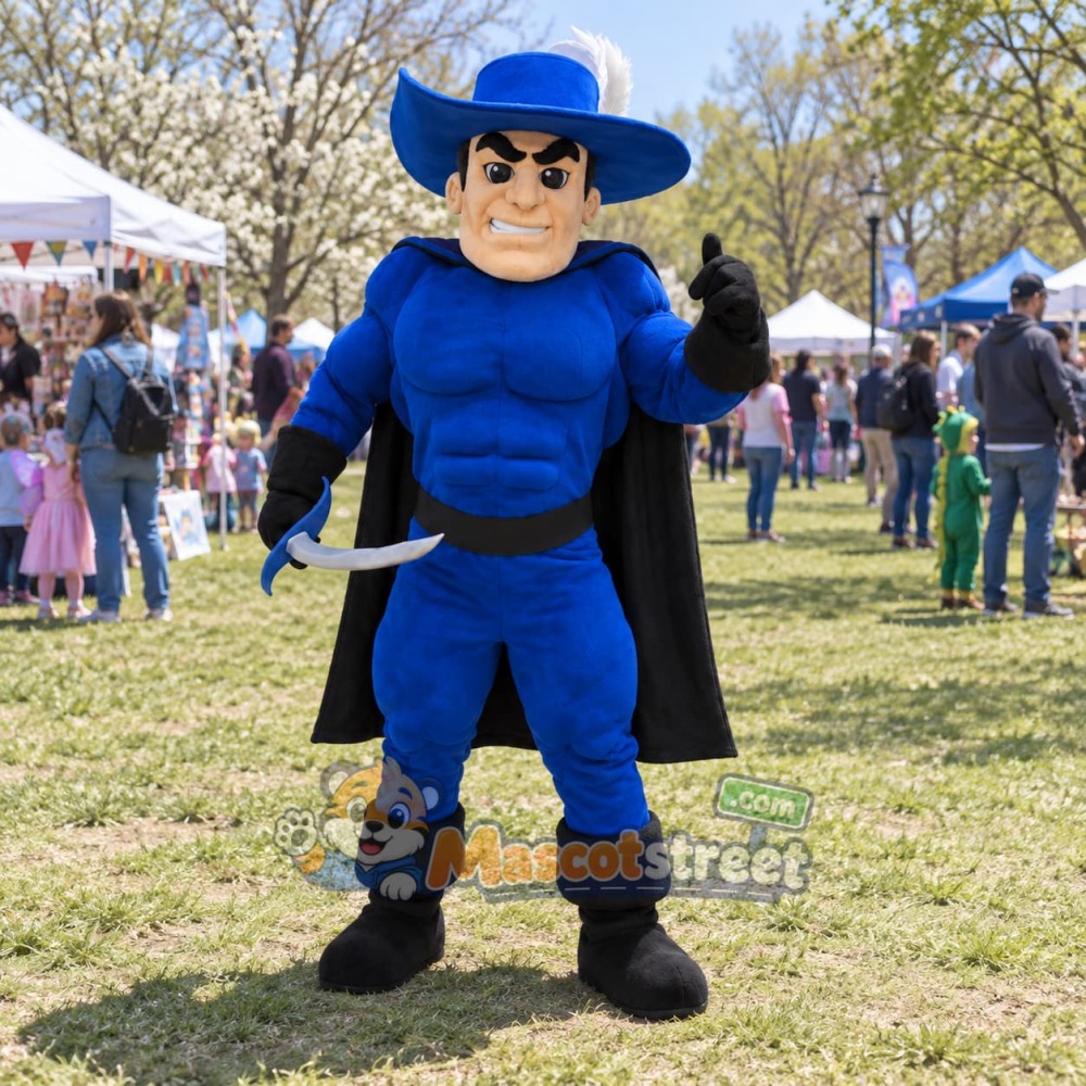 Swordsman Mascot Costume with Blue Outfit and Hat Swordsman Mascot Costume with Blue Outfit and Hat