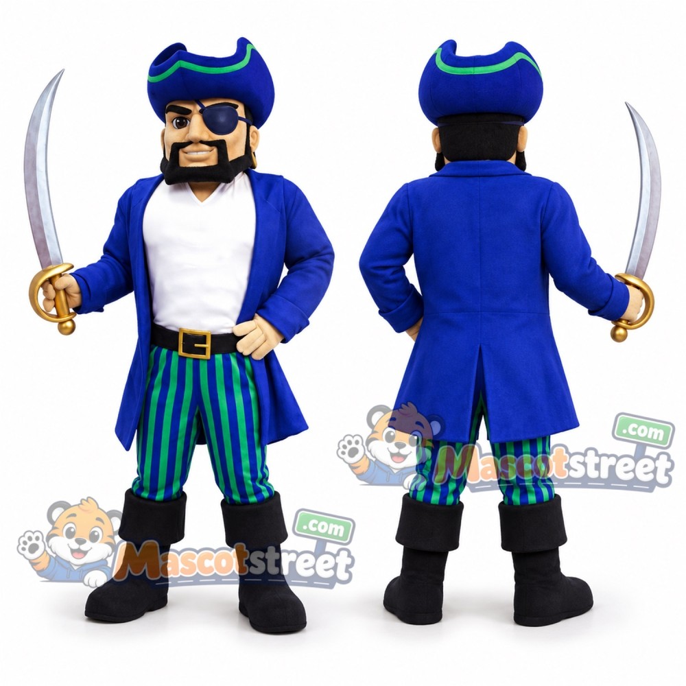 Pirate Mascot Costume with Blue Coat and Striped Pants Pirate Mascot Costume with Blue Coat and Striped Pants