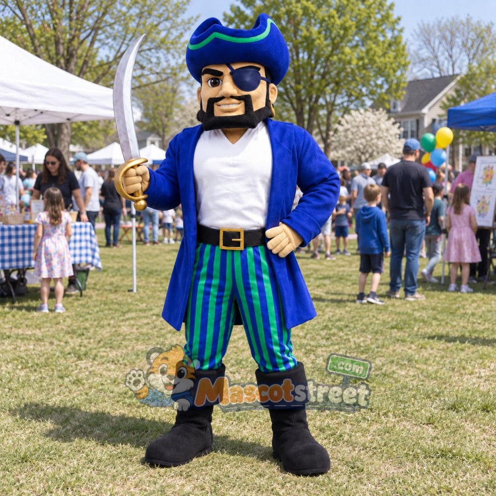 Pirate Mascot Costume with Blue Coat and Striped Pants Pirate Mascot Costume with Blue Coat and Striped Pants