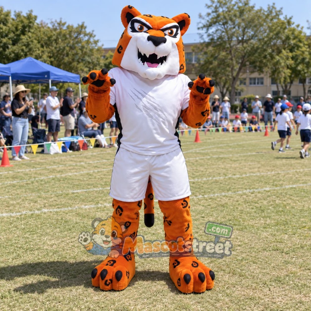 Orange Jaguar Mascot Costume with White Sports Uniform