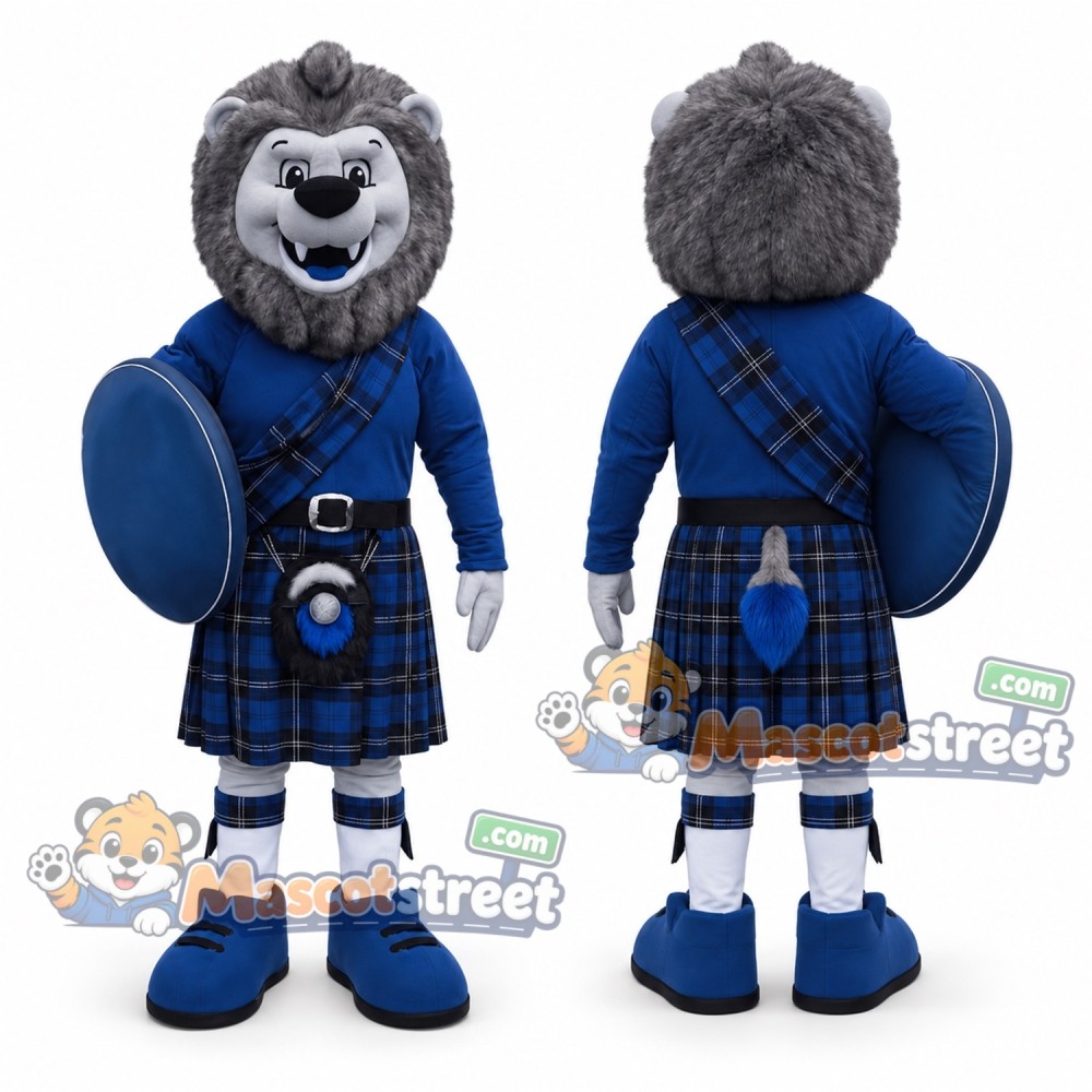 Gray Lion Mascot Costume with Blue Shirt and Plaid Kilt Gray Lion Mascot Costume with Blue Shirt and Plaid Kilt