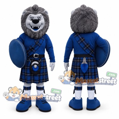 Gray Lion Mascot Costume with Blue Shirt and Plaid Kilt Gray Lion Mascot Costume with Blue Shirt and Plaid Kilt