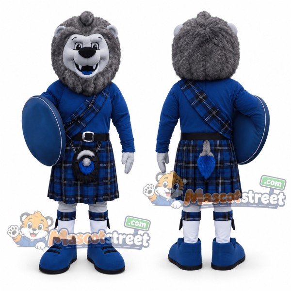 Gray Lion Mascot Costume with Blue Shirt and Plaid Kilt