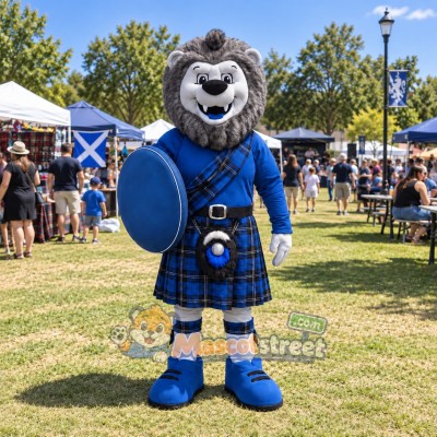 Gray Lion Mascot Costume with Blue Shirt and Plaid Kilt Gray Lion Mascot Costume with Blue Shirt and Plaid Kilt