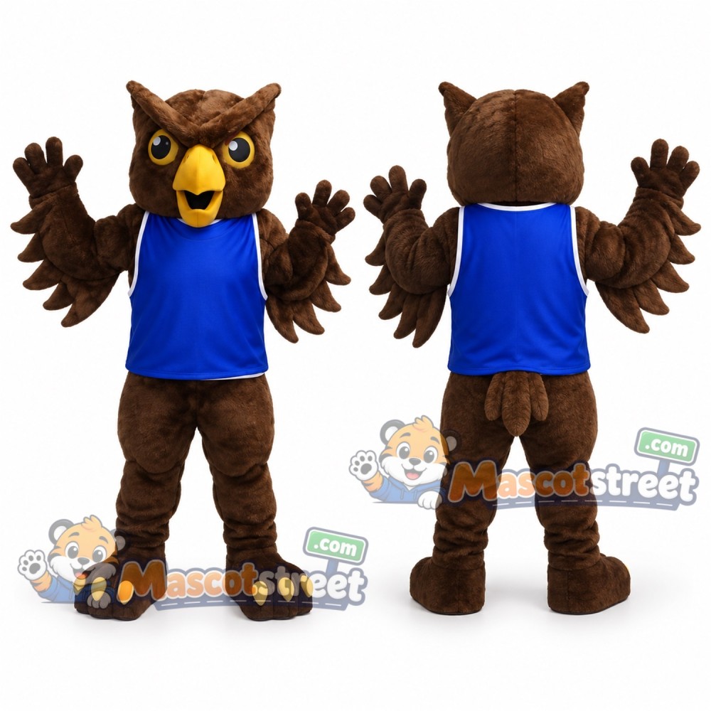 Brown Owl Mascot Costume with Blue Shirt Brown Owl Mascot Costume with Blue Shirt