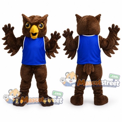 Brown Owl Mascot Costume with Blue Shirt Brown Owl Mascot Costume with Blue Shirt