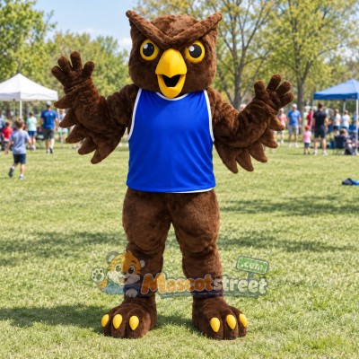 Brown Owl Mascot Costume with Blue Shirt Brown Owl Mascot Costume with Blue Shirt