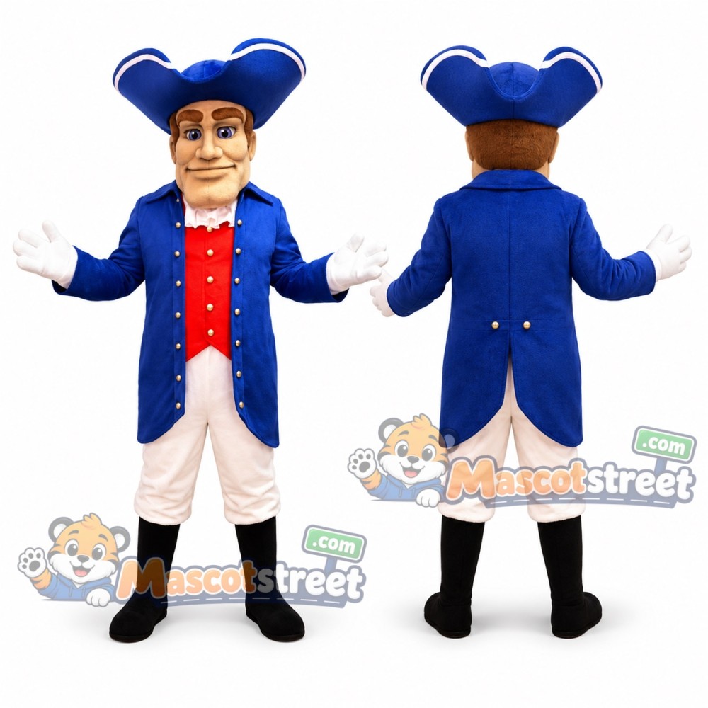 Colonial Man Mascot Costume with Blue Coat and Tricorn Hat