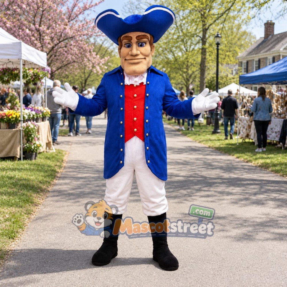 Colonial Man Mascot Costume with Blue Coat and Tricorn Hat