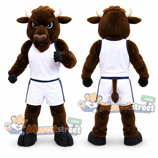 Brown Bison Mascot Costume with White Sports Uniform