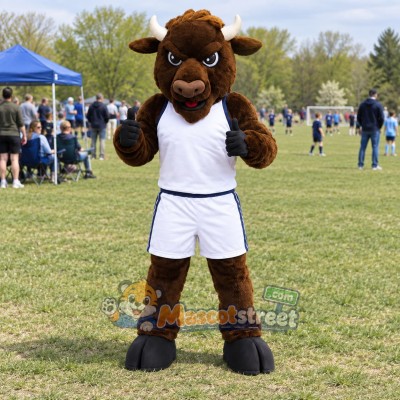 Brown Bison Mascot Costume with White Sports Uniform