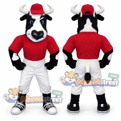 Black and White Cow Mascot Costume with Red Shirt, White Pants and Red Cap