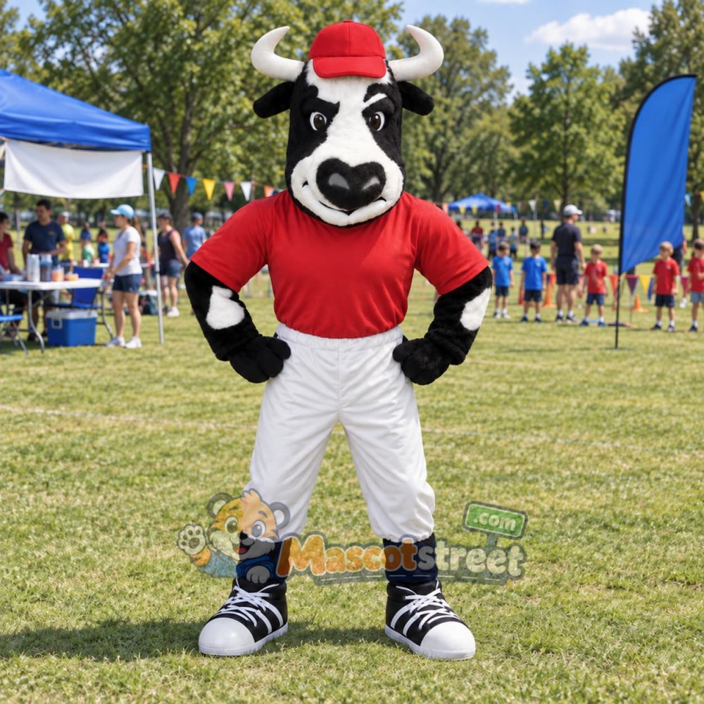 Black and White Cow Mascot Costume with Red Shirt, White Pants and Red Cap