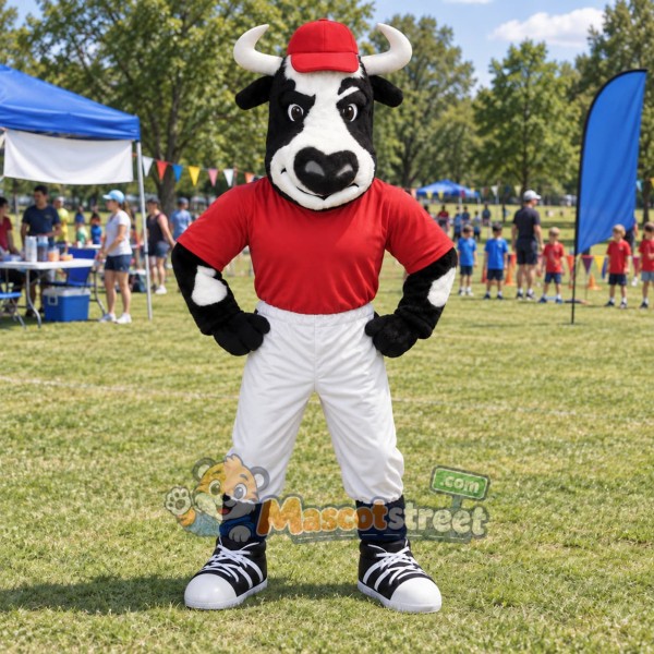 Black and White Cow Mascot Costume with Red Shirt, White Pants and Red Cap