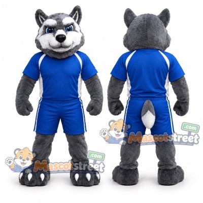 Gray Husky Mascot Costume with Blue Sports Uniform Gray Husky Mascot Costume with Blue Sports Uniform