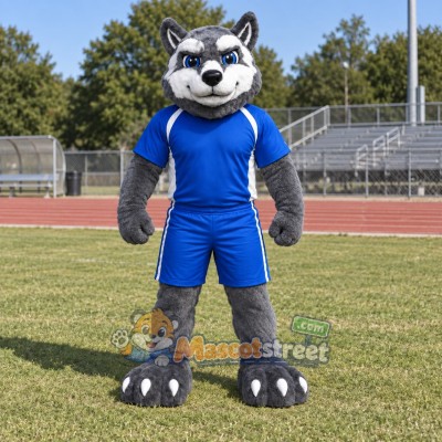 Gray Husky Mascot Costume with Blue Sports Uniform Gray Husky Mascot Costume with Blue Sports Uniform