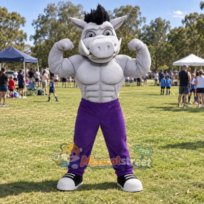Gray Boar Mascot Costume with Purple Pants