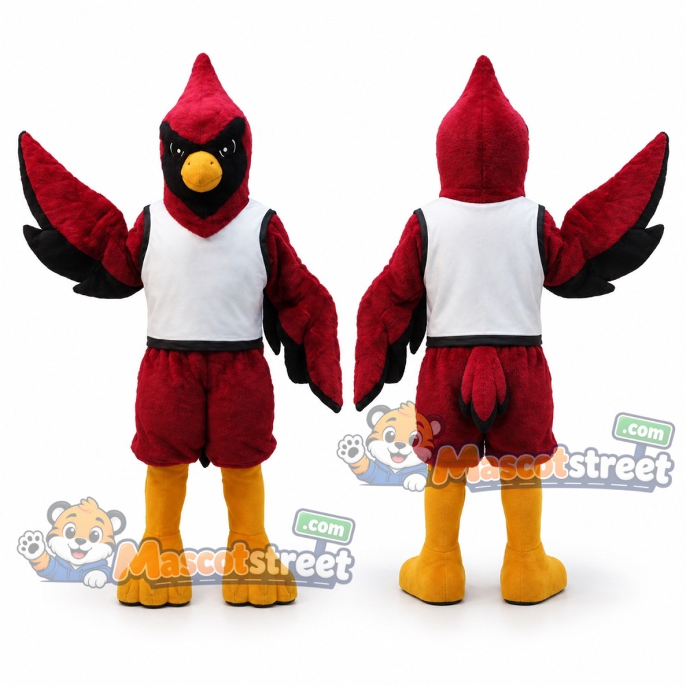 Red Cardinal Mascot Costume with White Shirt and Red Shorts Red Cardinal Mascot Costume with White Shirt and Red Shorts