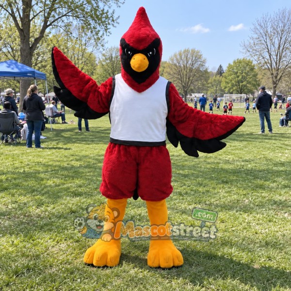 Red Cardinal Mascot Costume with White Shirt and Red Shorts