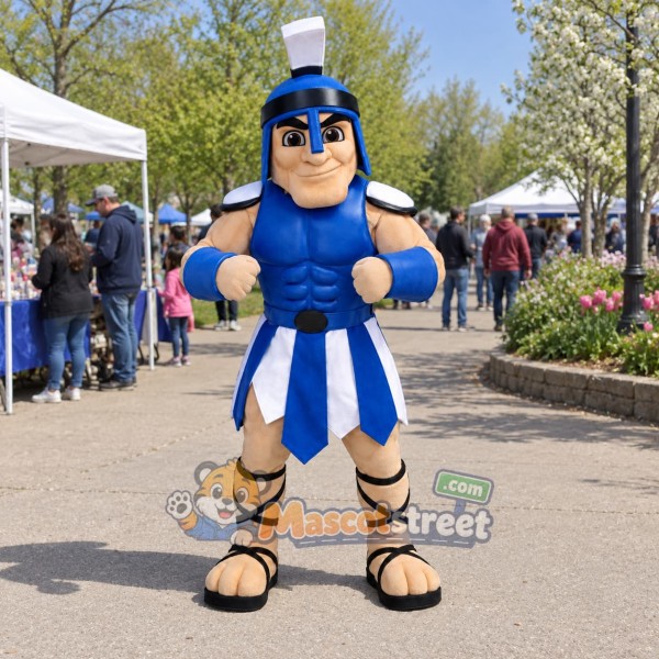 Roman Warrior Mascot Costume with Blue Armor and Helmet