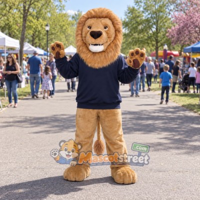 Tan Lion Mascot Costume with Navy Shirt