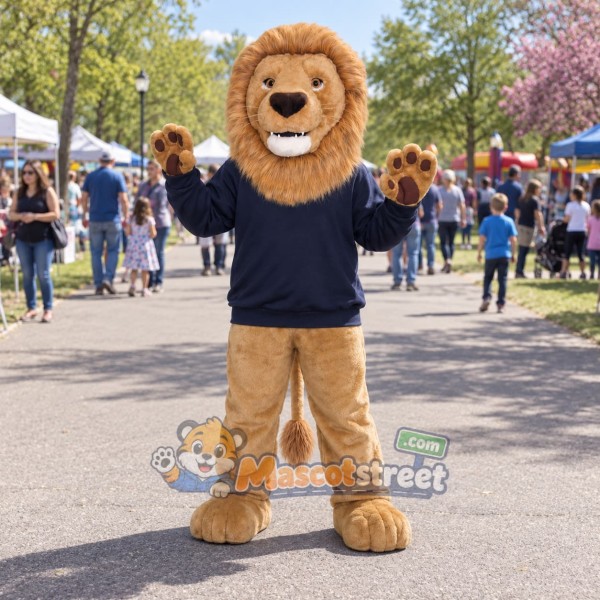 Tan Lion Mascot Costume with Navy Shirt