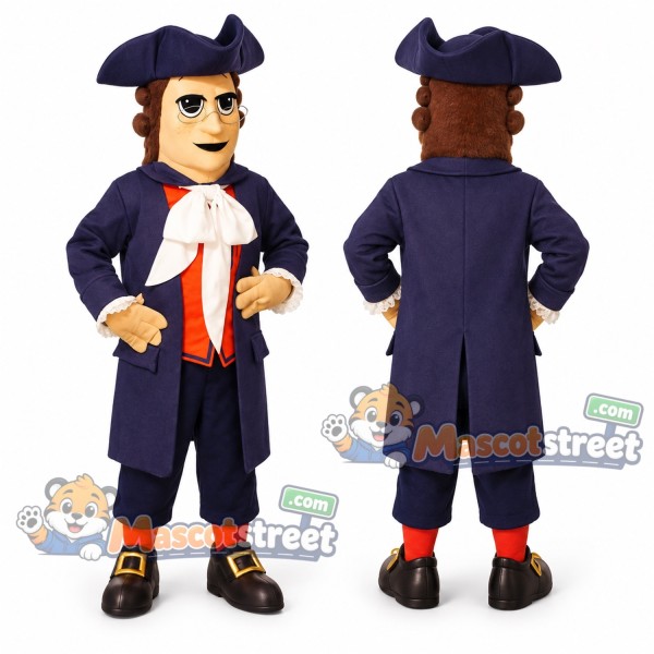 Colonial Man Mascot Costume with Navy Coat and Tricorn Hat