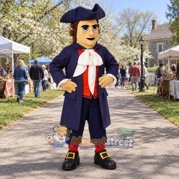 Colonial Man Mascot Costume with Navy Coat and Tricorn Hat