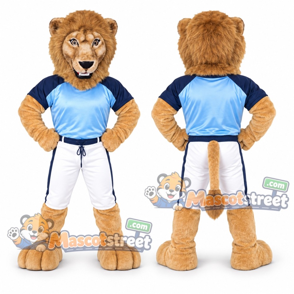 Tan Lion Mascot Costume with Blue Shirt and White Shorts