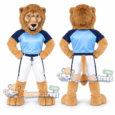 Tan Lion Mascot Costume with Blue Shirt and White Shorts