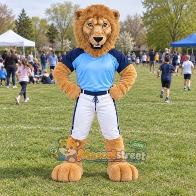 Tan Lion Mascot Costume with Blue Shirt and White Shorts