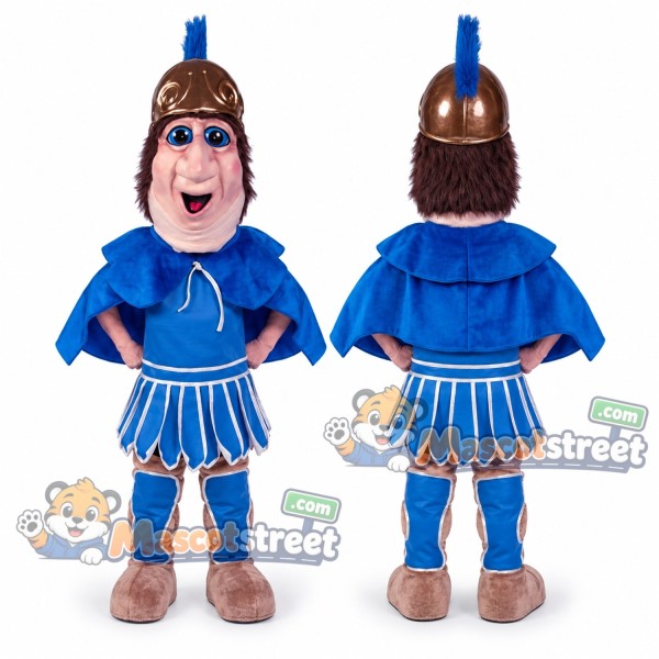 Roman Warrior Mascot Costume with Blue Armor and Helmet