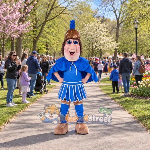 Roman Warrior Mascot Costume with Blue Armor and Helmet