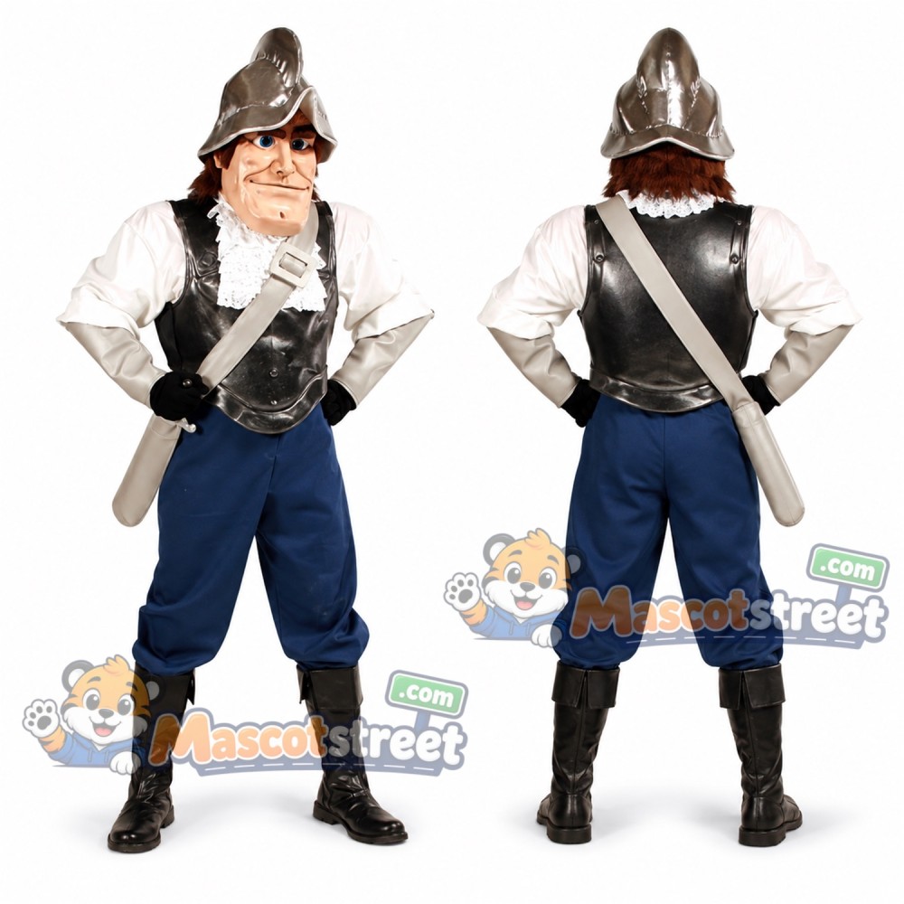 Conquistador Mascot Costume with Silver Armor and Blue Pants Conquistador Mascot Costume with Silver Armor and Blue Pants