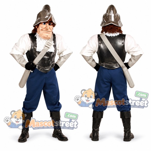 Conquistador Mascot Costume with Silver Armor and Blue Pants
