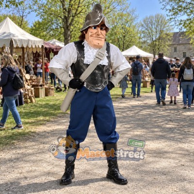 Conquistador Mascot Costume with Silver Armor and Blue Pants Conquistador Mascot Costume with Silver Armor and Blue Pants