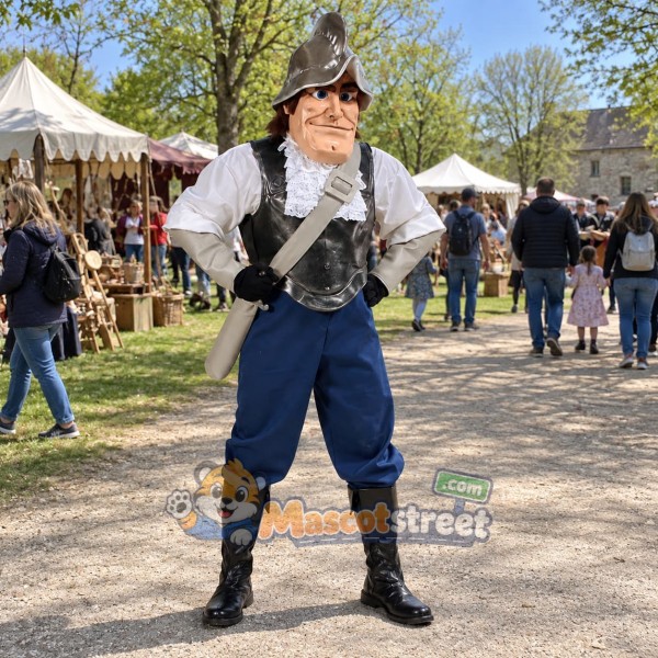 Conquistador Mascot Costume with Silver Armor and Blue Pants