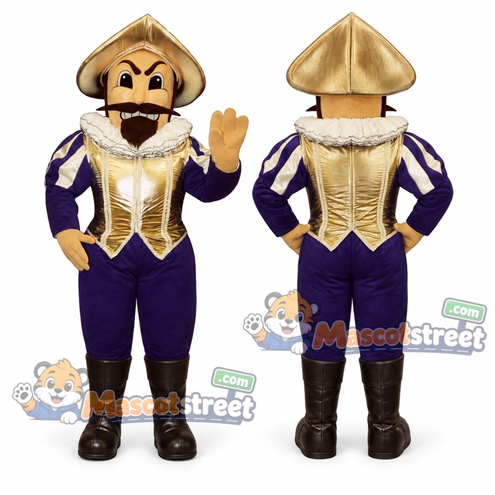 Conquistador Mascot Costume with Gold Armor and Purple Outfit Conquistador Mascot Costume with Gold Armor and Purple Outfit